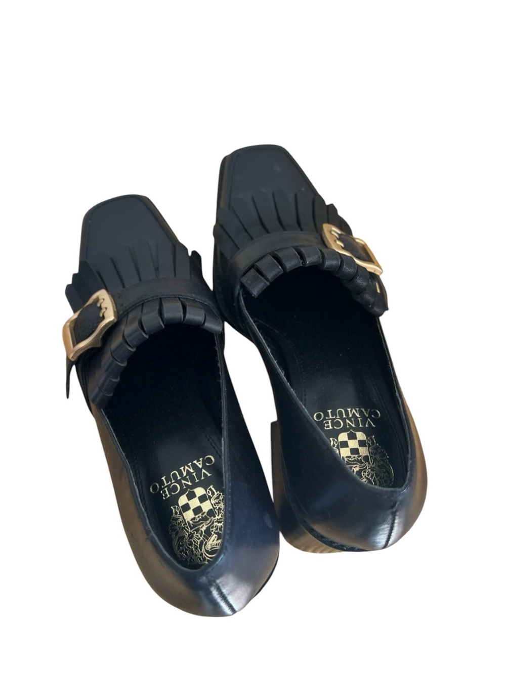 Vince Camuto Black Leather Fringe Loafers with Gold Buckles - Picture 5 of 7
